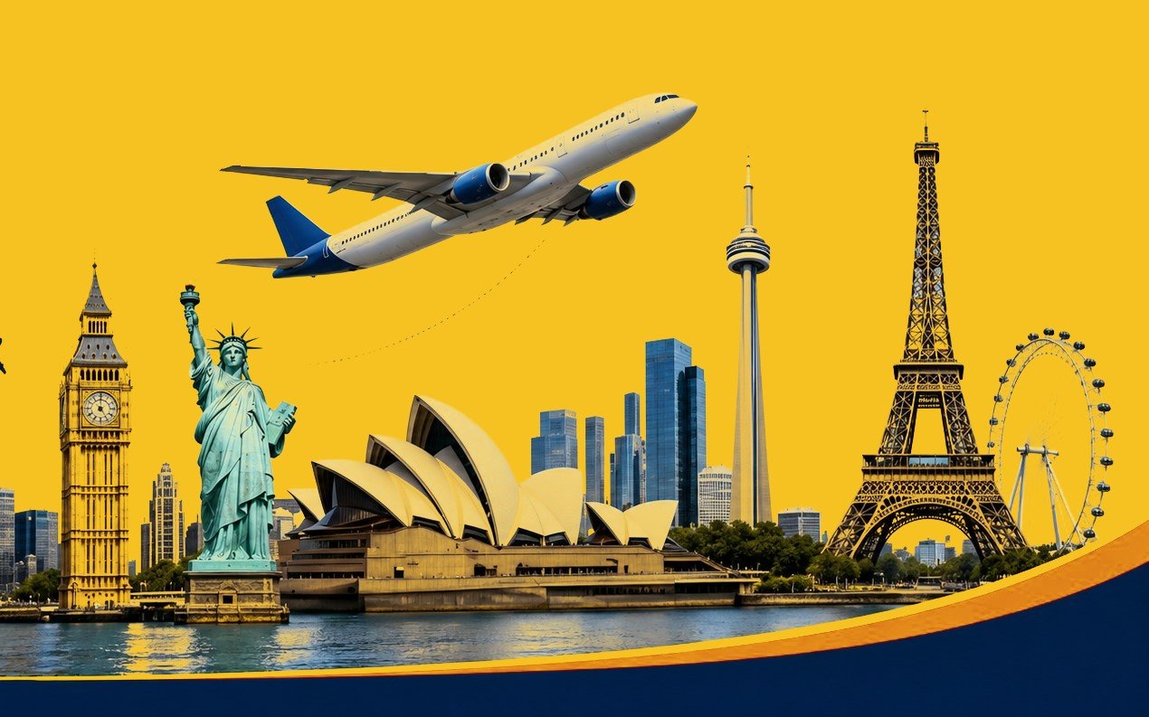 Big Ben, Statue of Liberty, Sydney Opera House, CN Tower, Eiffel Tower, and London Eye with a plane taking off